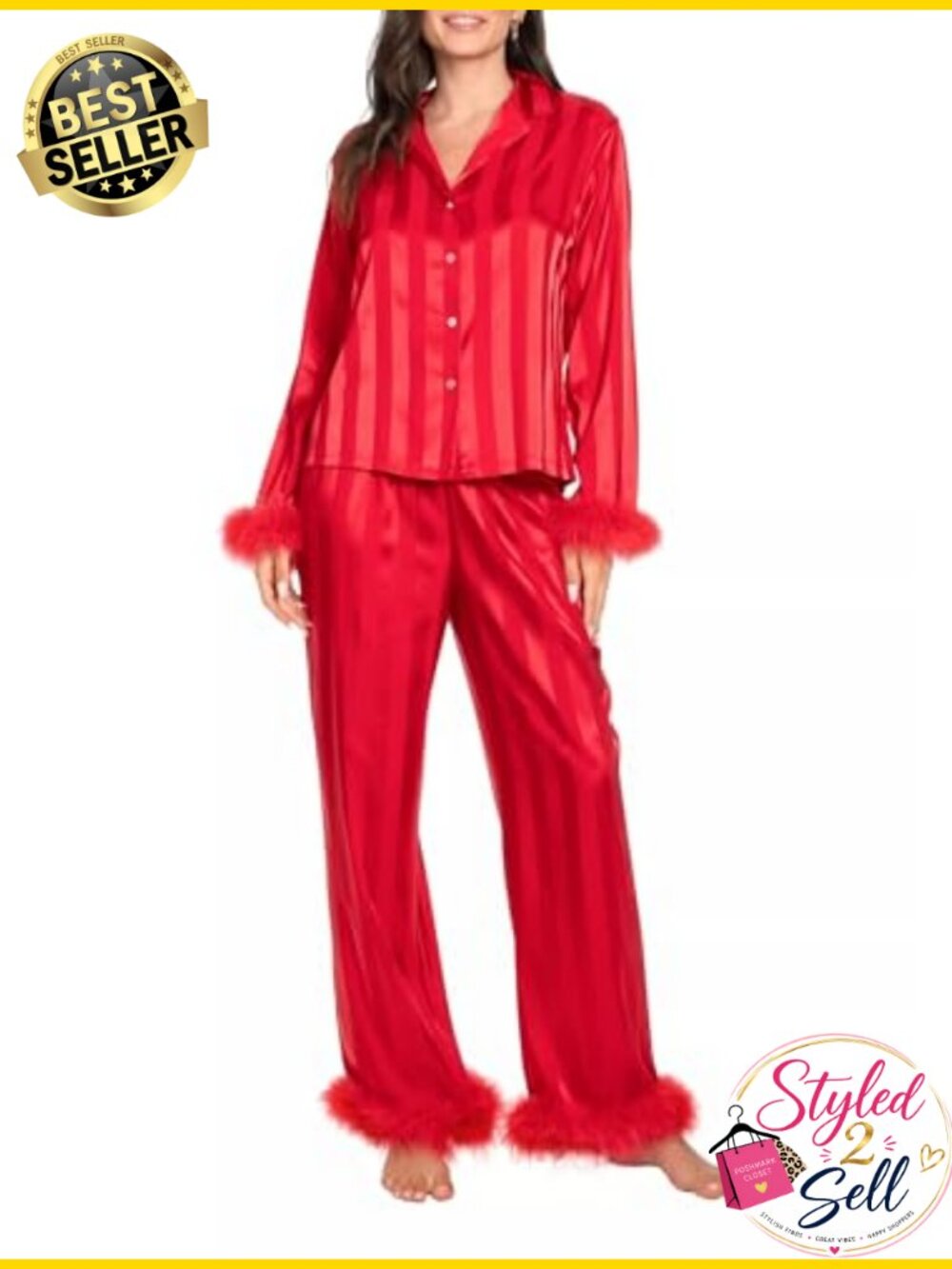Feather Trim Silk Button Down Pajama Set Faux Fur Patchwork Sleepwear